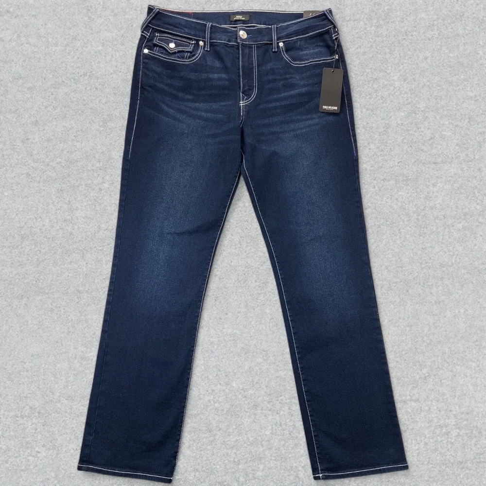 NEW True Religion Jeans Mens 34x34 Blue Denim Ricky Flap Distressed Straight Leg